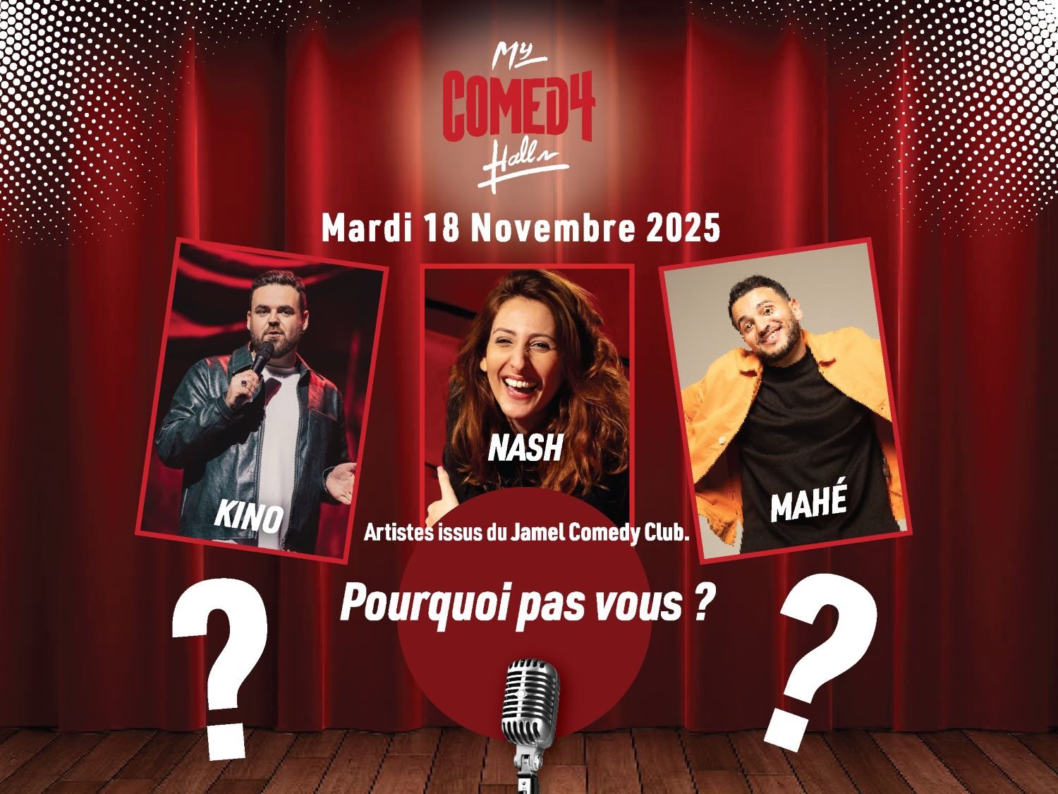 3 artistes du Jamel Comedy Club sur fond de rideau de scène