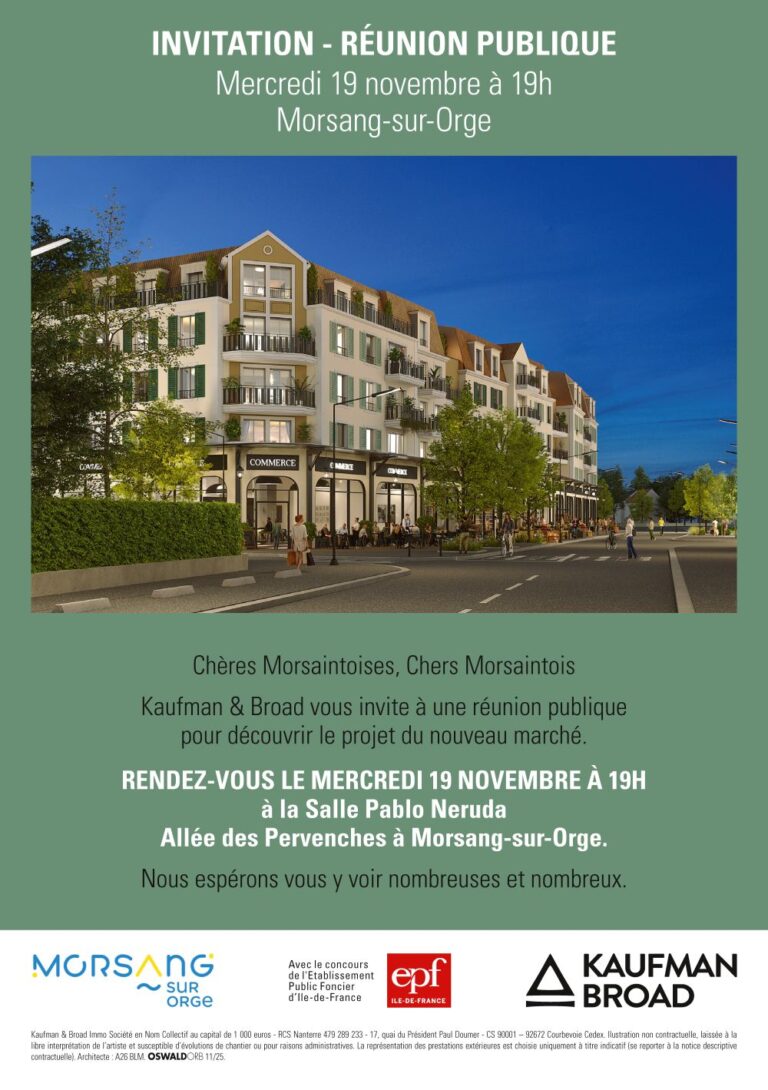 Invitation à la réunion publique de présentation, par Kaufman & Braud, de l'aménagement du quartier du marché